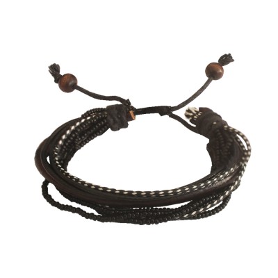 Menjewell Stylish Genuine Leather Multicolor  Multilayer Braided Black Beads & Rope Bracelet